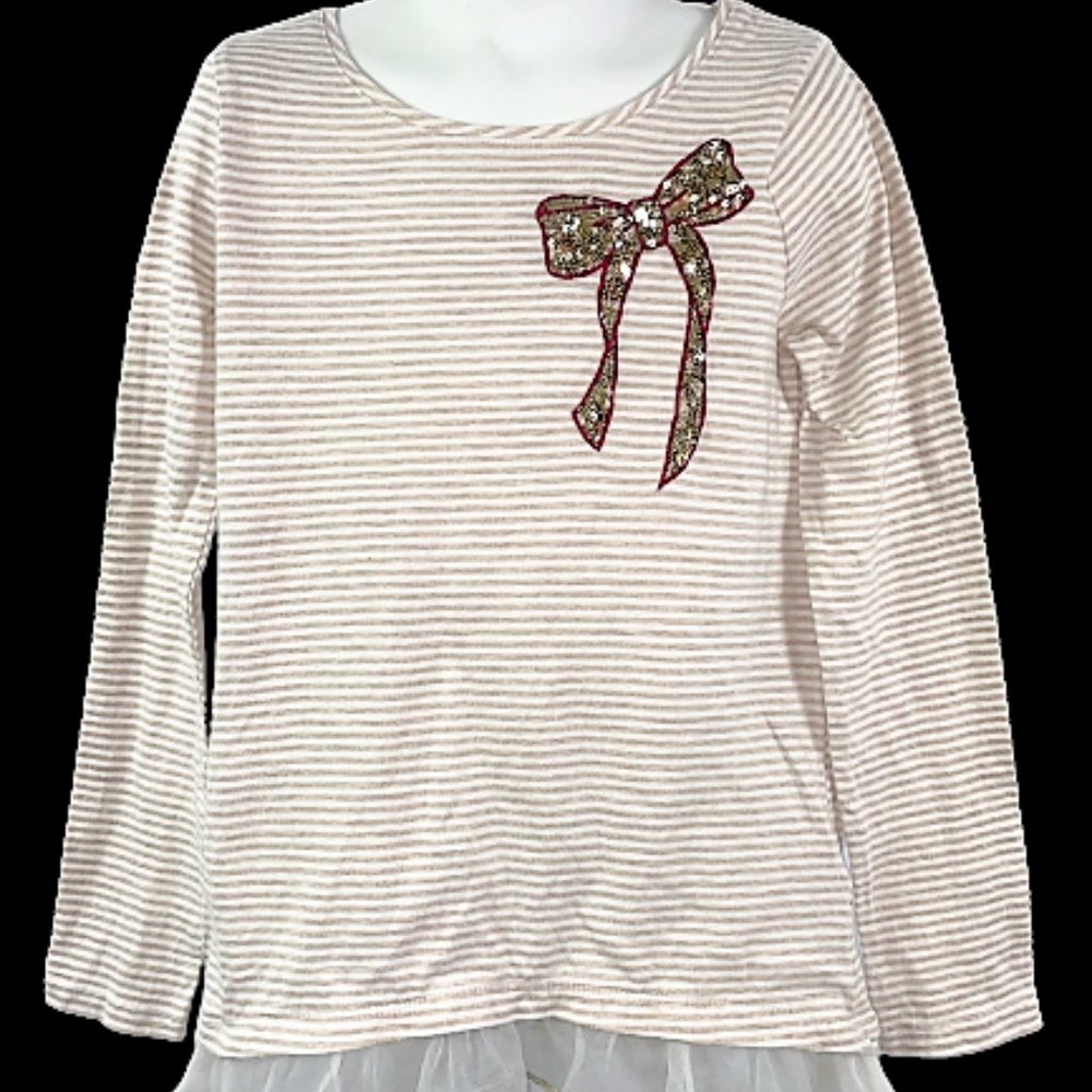 TOMMY BAHAMA 6X LS Tan White Stripe Ruffle Top!